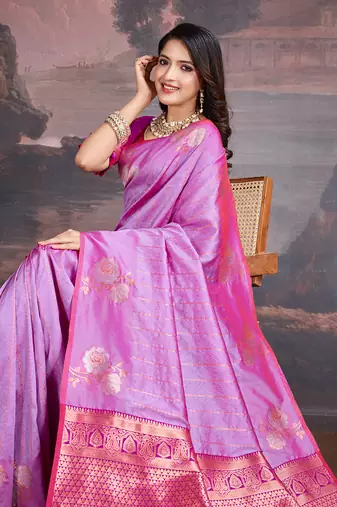 shaded pink & magenta banarasi art silk saree with copper zari and silver meena