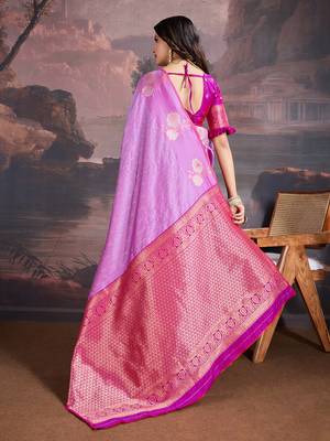 shaded pink & magenta banarasi art silk saree with copper zari and silver meena 5