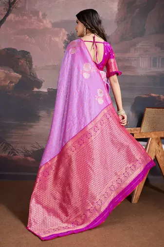 shaded pink & magenta banarasi art silk saree with copper zari and silver meena