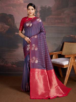 kerosene blue & dark rani banarasi art silk saree with copper zari and silver meena 1