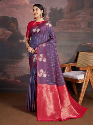 kerosene blue & dark rani banarasi art silk saree with copper zari and silver meena 2