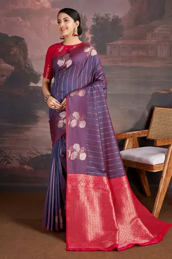 kerosene blue & dark rani banarasi art silk saree with copper zari and silver meena