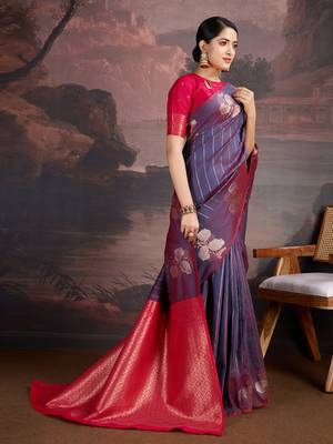 kerosene blue & dark rani banarasi art silk saree with copper zari and silver meena 3