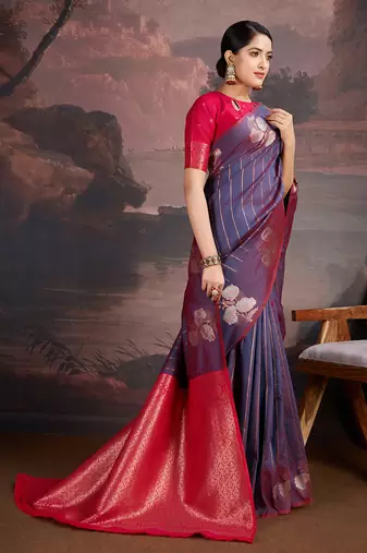 kerosene blue & dark rani banarasi art silk saree with copper zari and silver meena