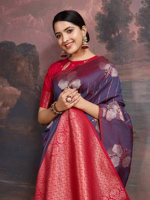 kerosene blue & dark rani banarasi art silk saree with copper zari and silver meena 4