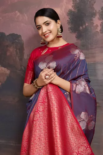 kerosene blue & dark rani banarasi art silk saree with copper zari and silver meena
