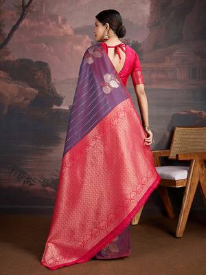 kerosene blue & dark rani banarasi art silk saree with copper zari and silver meena 5