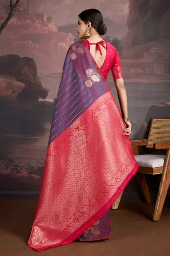 kerosene blue & dark rani banarasi art silk saree with copper zari and silver meena