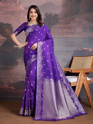 Royal purple banarasi silk blend saree with elegant paisley weave 1