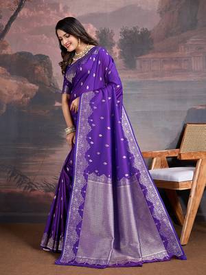 Royal purple banarasi silk blend saree with elegant paisley weave 2