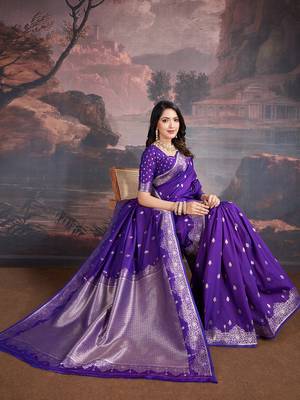 Royal purple banarasi silk blend saree with elegant paisley weave 3