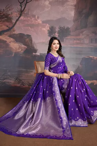 Royal purple banarasi silk blend saree with elegant paisley weave
