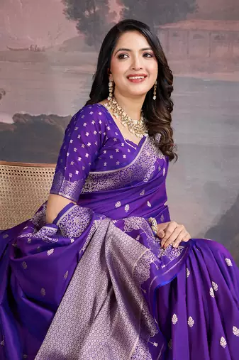 Royal purple banarasi silk blend saree with elegant paisley weave