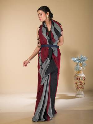 Grey, Red And  Black striped khadi cotton saree 1