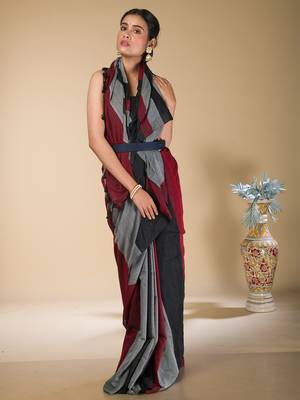 Grey, Red And  Black striped khadi cotton saree 2
