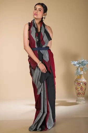 Grey, Red And  Black striped khadi cotton saree