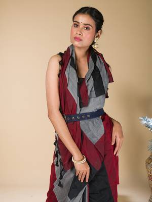 Grey, Red And  Black striped khadi cotton saree 3