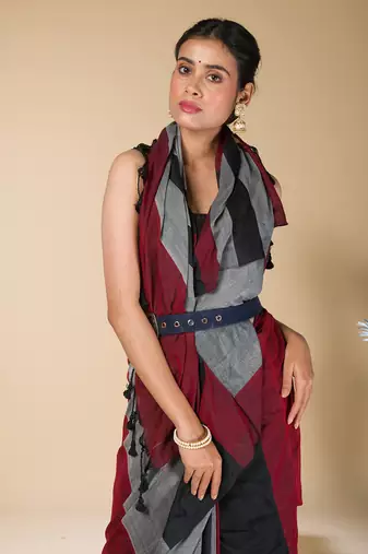 Grey, Red And  Black striped khadi cotton saree
