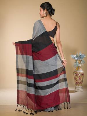 Grey, Red And  Black striped khadi cotton saree 4