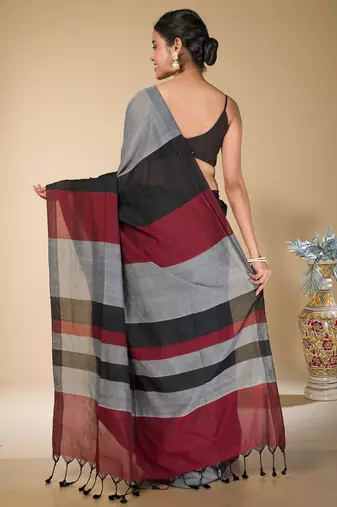 Grey, Red And  Black striped khadi cotton saree