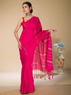 Deep Pink striped weaving khadi cotton saree 1