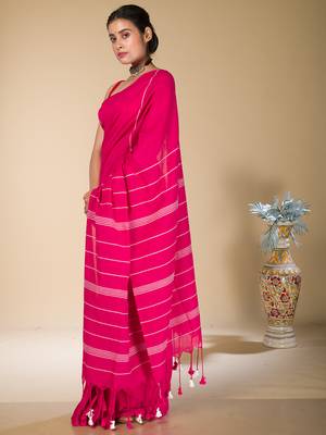 Deep Pink striped weaving khadi cotton saree 2