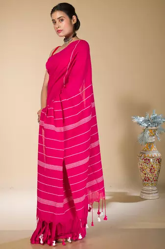 Deep Pink striped weaving khadi cotton saree