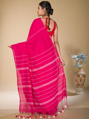 Deep Pink striped weaving khadi cotton saree 3