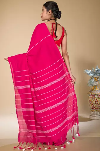 Deep Pink striped weaving khadi cotton saree