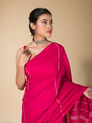 Deep Pink striped weaving khadi cotton saree 4