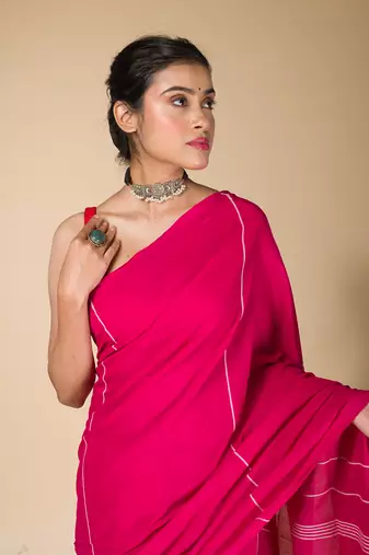 Deep Pink striped weaving khadi cotton saree