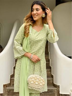 Green Fully Embroidered Chikankari Kurti Pant With Dupatta 2