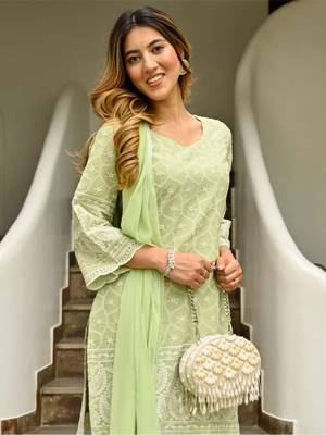 Green Fully Embroidered Chikankari Kurti Pant With Dupatta 3