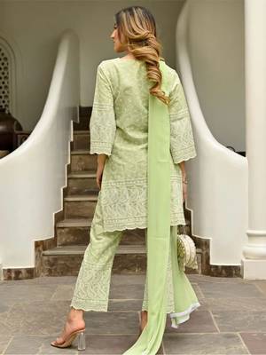Green Fully Embroidered Chikankari Kurti Pant With Dupatta 4