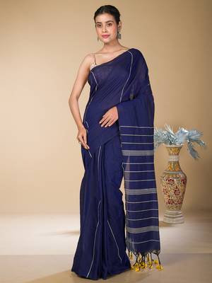 Navy Blue striped weaving khadi cotton saree 1