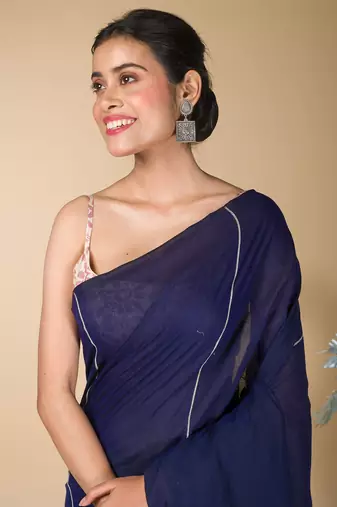 Navy Blue striped weaving khadi cotton saree