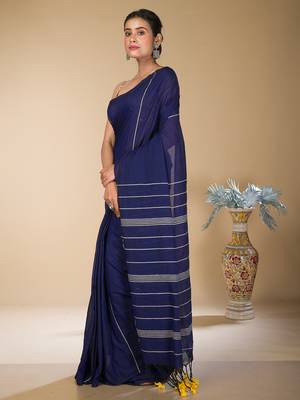 Navy Blue striped weaving khadi cotton saree 3
