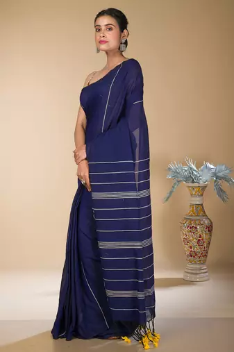 Navy Blue striped weaving khadi cotton saree