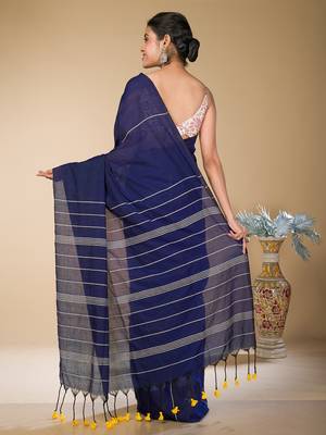 Navy Blue striped weaving khadi cotton saree 4