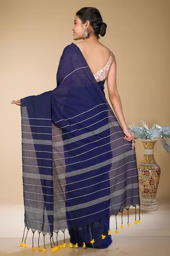 Navy Blue striped weaving khadi cotton saree
