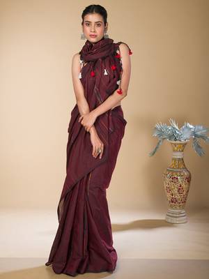 Dark brown striped weaving khadi cotton saree 1