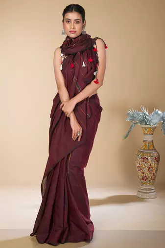 Dark brown striped weaving khadi cotton saree