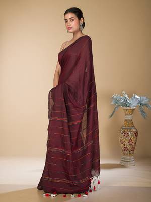 Dark brown striped weaving khadi cotton saree 2
