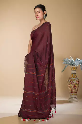 Dark brown striped weaving khadi cotton saree