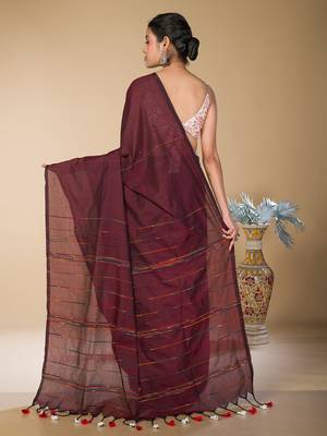 Dark brown striped weaving khadi cotton saree 4