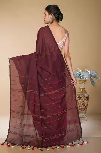 Dark brown striped weaving khadi cotton saree
