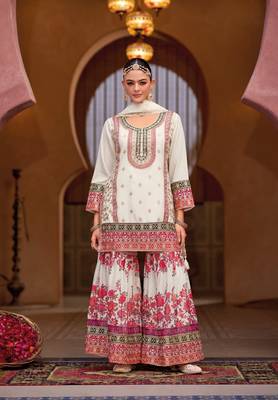 White chinon embroidered salwar suit (free size) 2