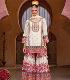White Chinon Embroidered Readymade Salwar Suit