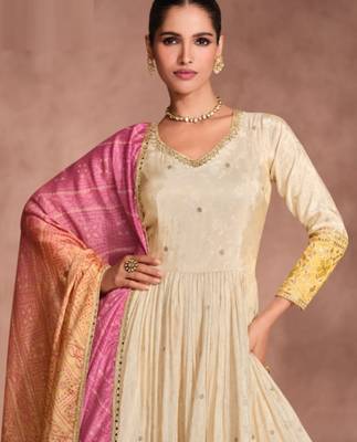 Off white & yellow viscos shimmer embroidered anarkali suit (free size) 2