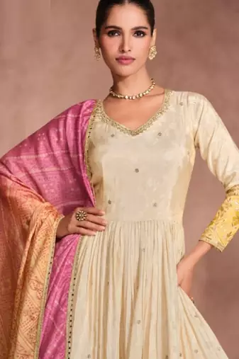 Off white & yellow viscos shimmer embroidered anarkali suit (free size)